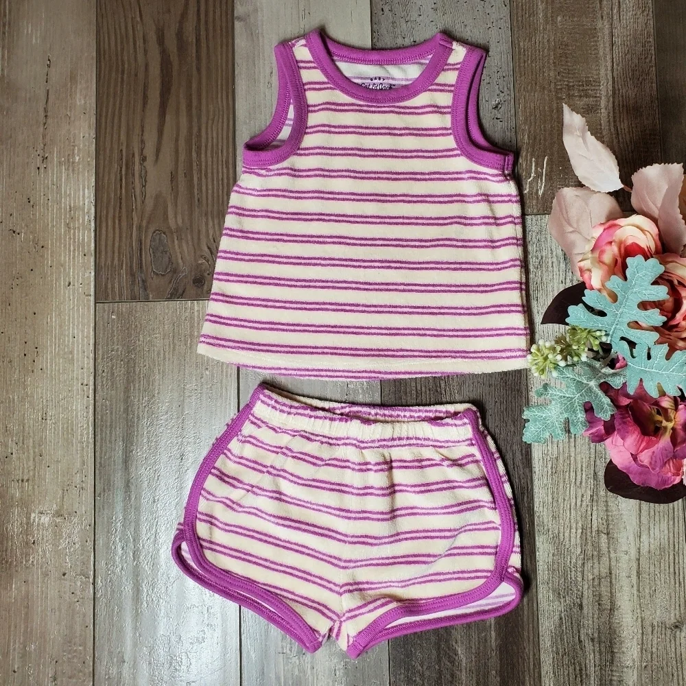 Cat & Jack Baby Girl 2pc Terry Tank Top & Shorts Set Purple & Cream Striped NWOT